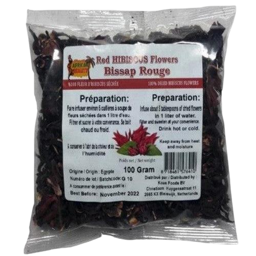 Torkad röd hibiskus/bissap (afrikansk skönhet) torkade hibiskus-/bissapblommor 100 g